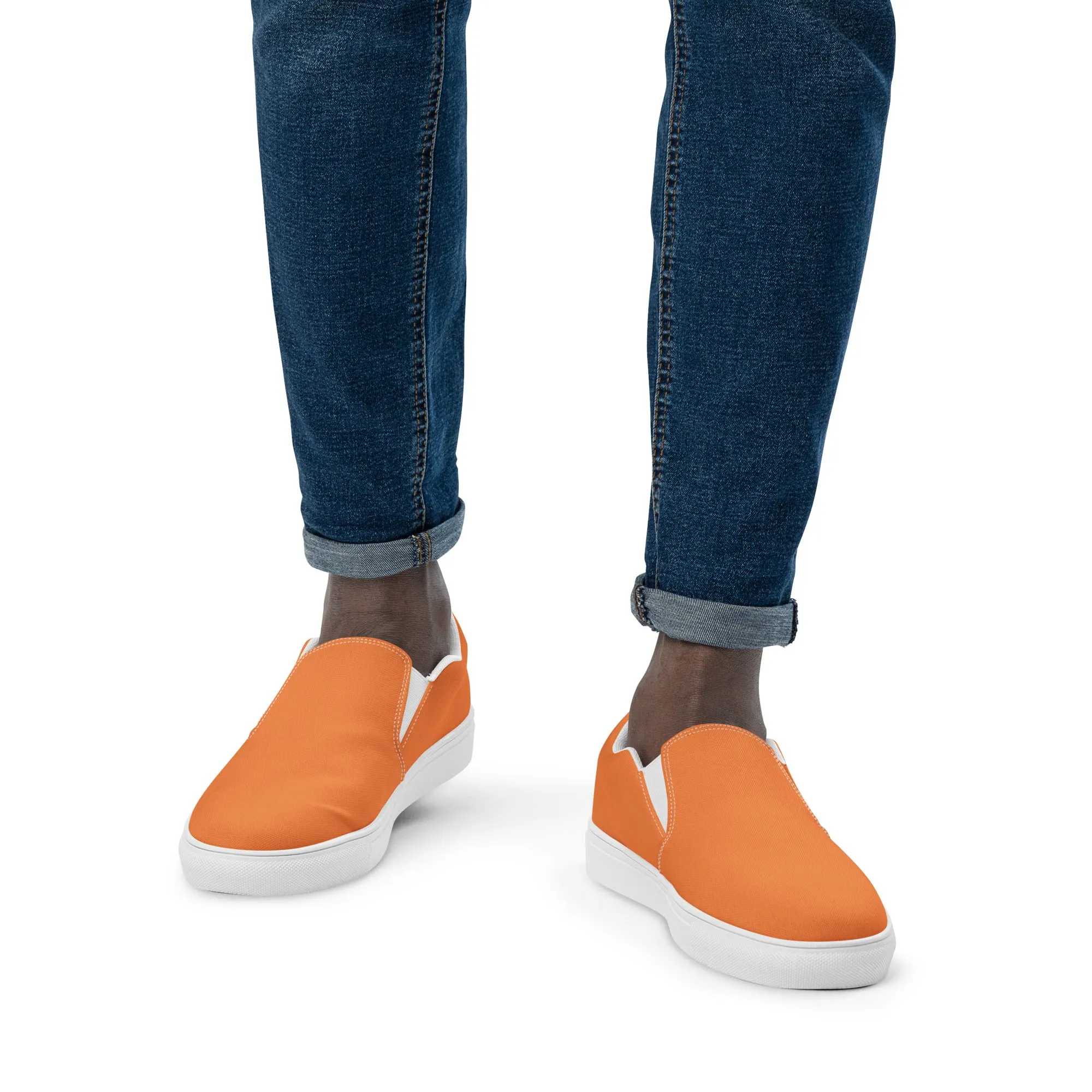 Orange Color Men's Slip Ons, Solid Orange Color Best Casual Breathable Men’s Slip-on Canvas Shoes (US Size: 5-13)