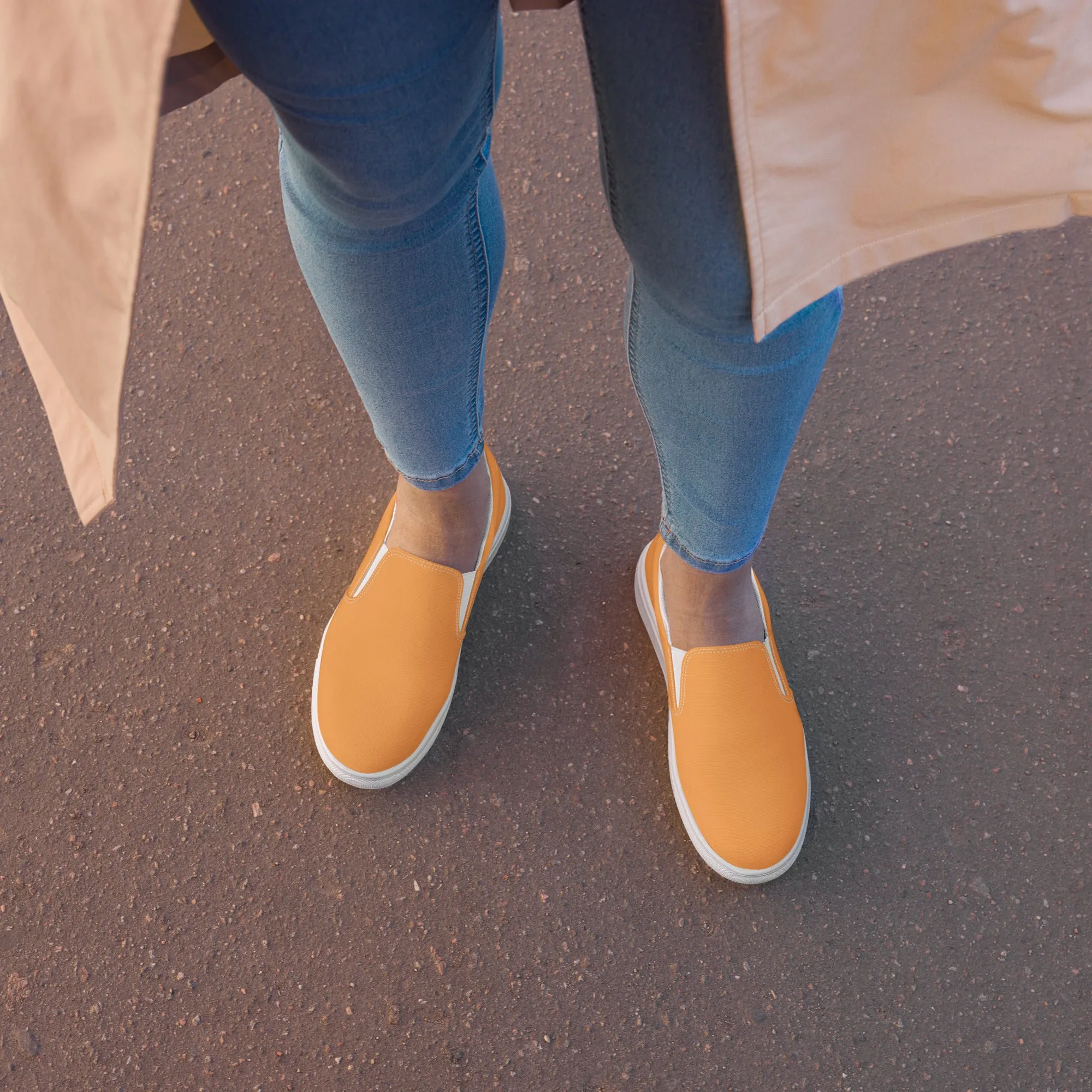 Orange Pastel Women's Slip Ons, Solid Colorful Orange Color Modern Minimalist Women’s Slip-On Canvas Shoes (US Size: 5-12)