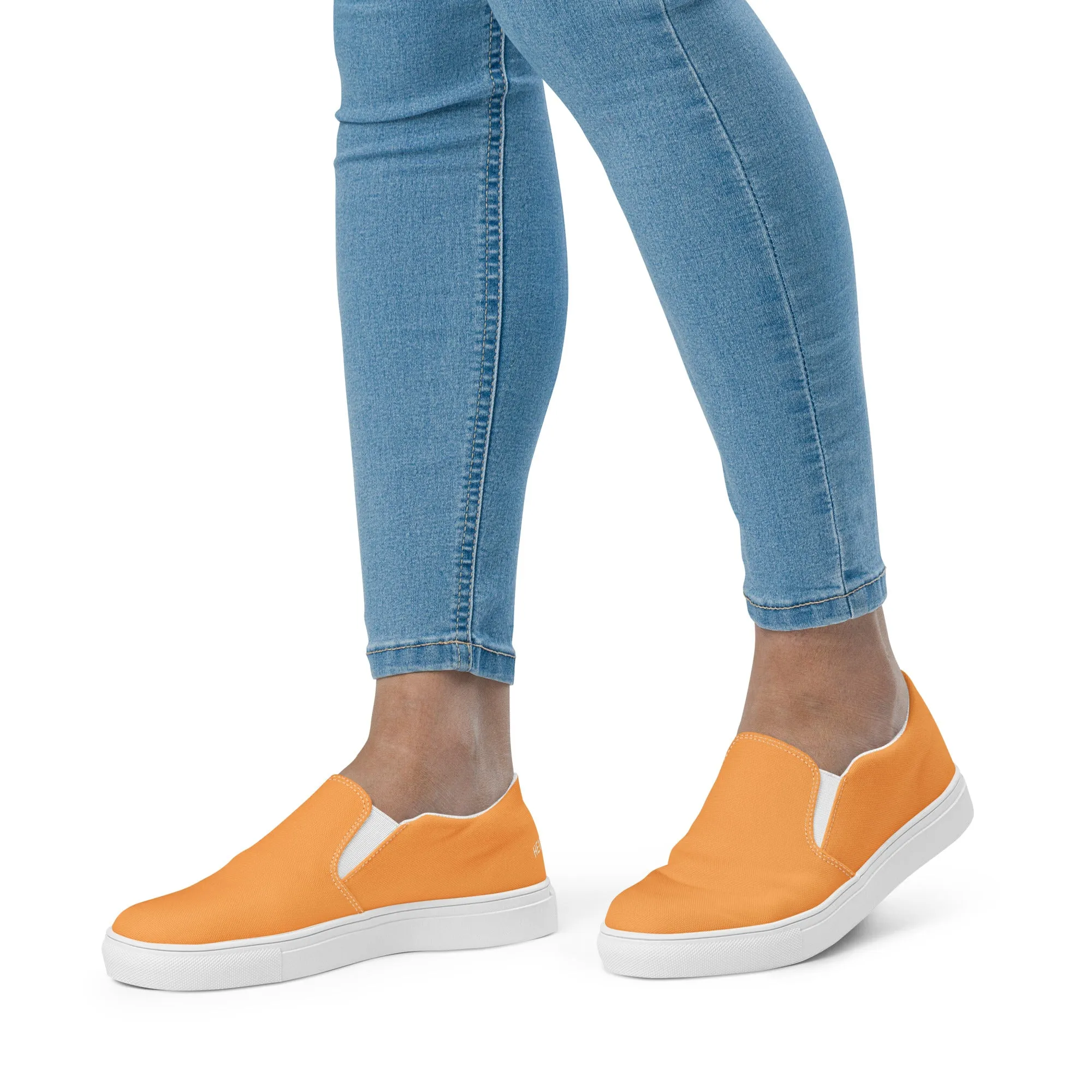 Orange Pastel Women's Slip Ons, Solid Colorful Orange Color Modern Minimalist Women’s Slip-On Canvas Shoes (US Size: 5-12)
