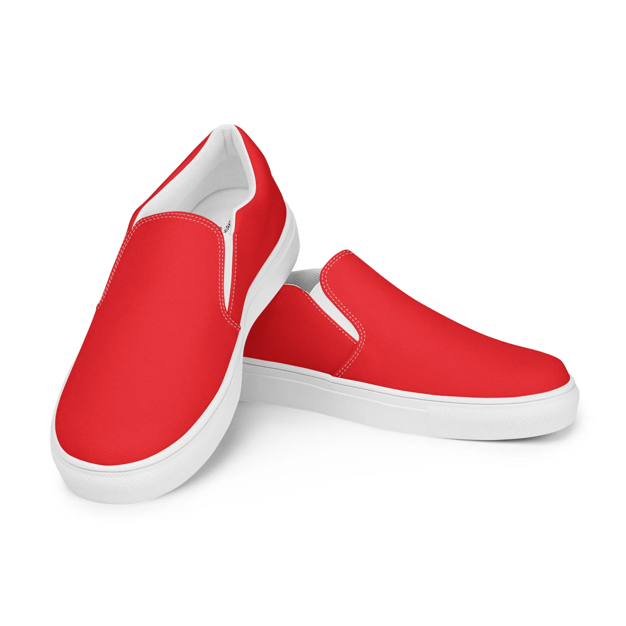 Orange Red Slip Ons For Men, Solid Bright Red Color Best Casual Breathable Men’s Slip-on Canvas Shoes (US Size: 5-13)