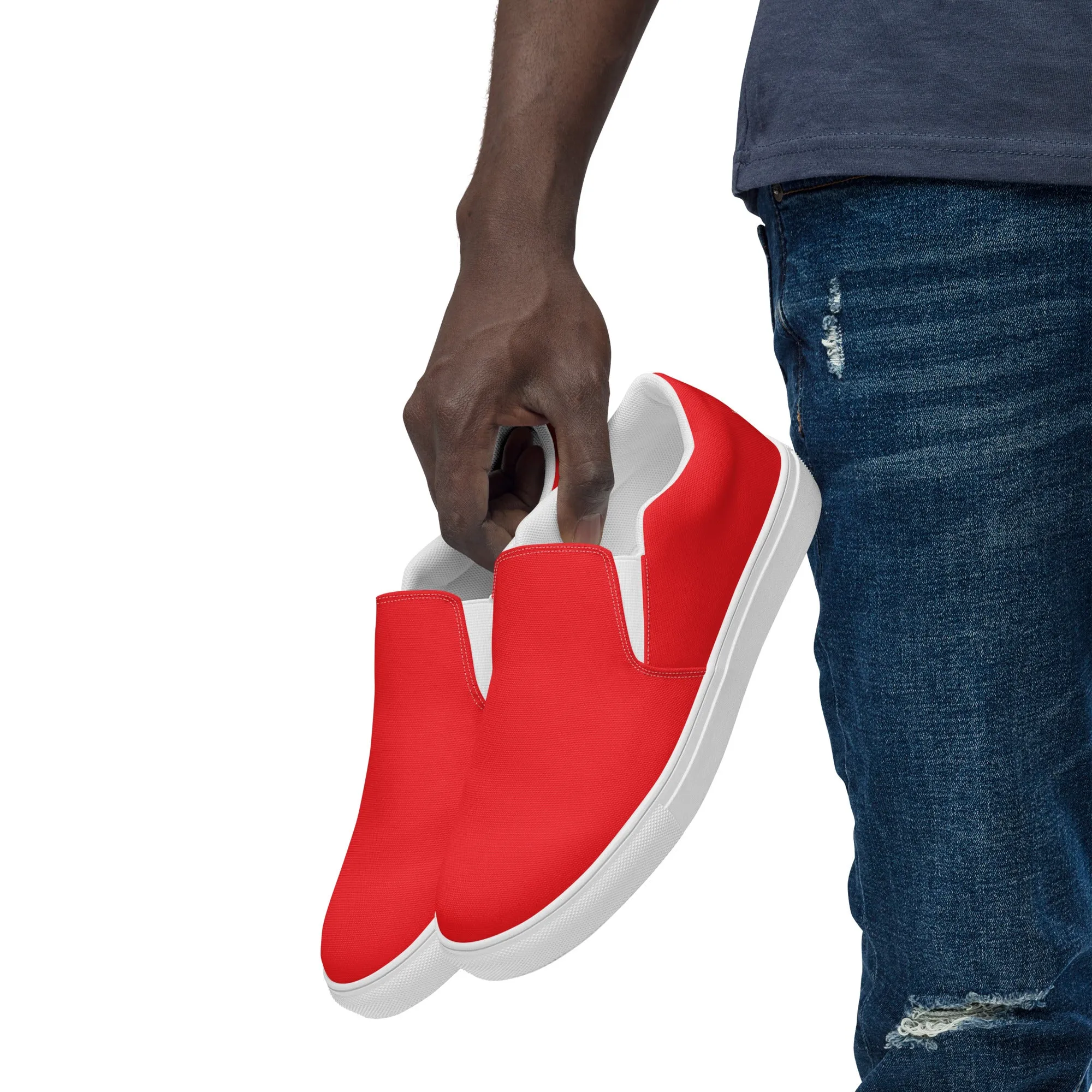 Orange Red Slip Ons For Men, Solid Bright Red Color Best Casual Breathable Men’s Slip-on Canvas Shoes (US Size: 5-13)