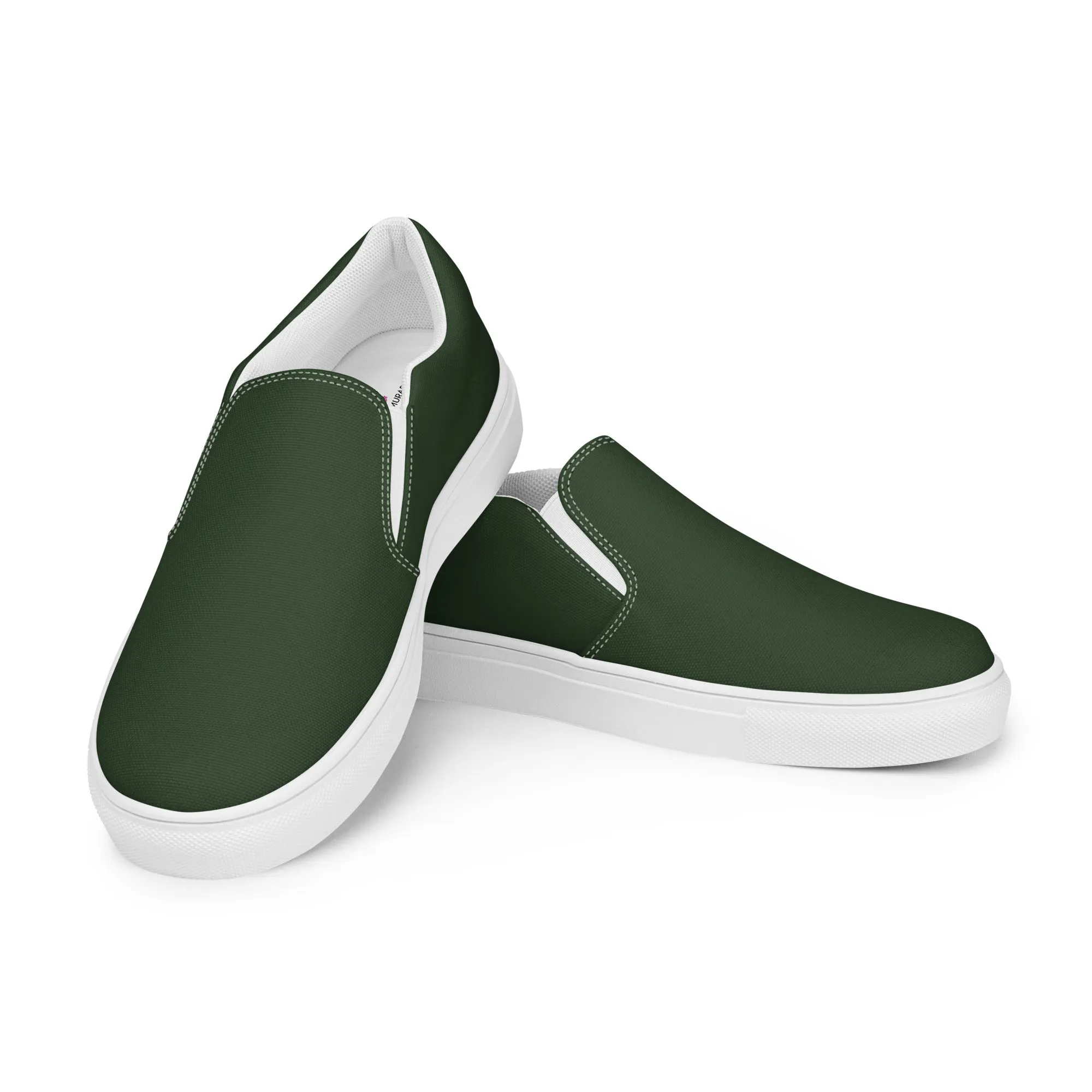 Pine Green Women's Slip Ons, Solid Dark Green Color Modern Minimalist Women’s Slip-On Canvas Shoes (US Size: 5-12)