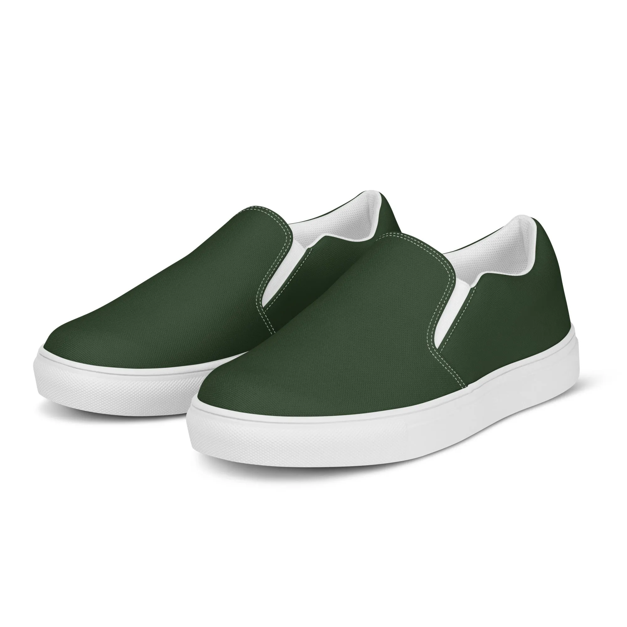 Pine Green Women's Slip Ons, Solid Dark Green Color Modern Minimalist Women’s Slip-On Canvas Shoes (US Size: 5-12)