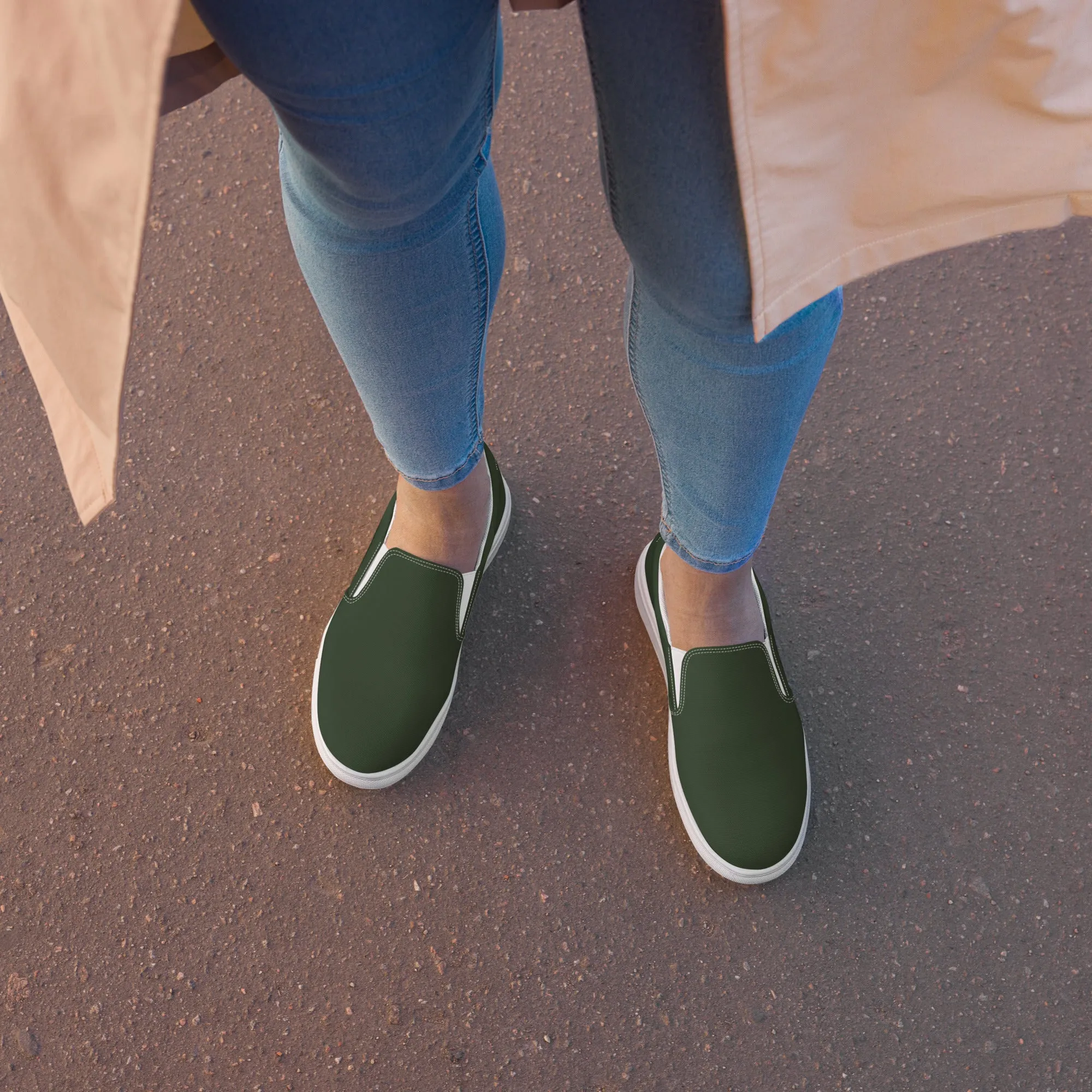 Pine Green Women's Slip Ons, Solid Dark Green Color Modern Minimalist Women’s Slip-On Canvas Shoes (US Size: 5-12)