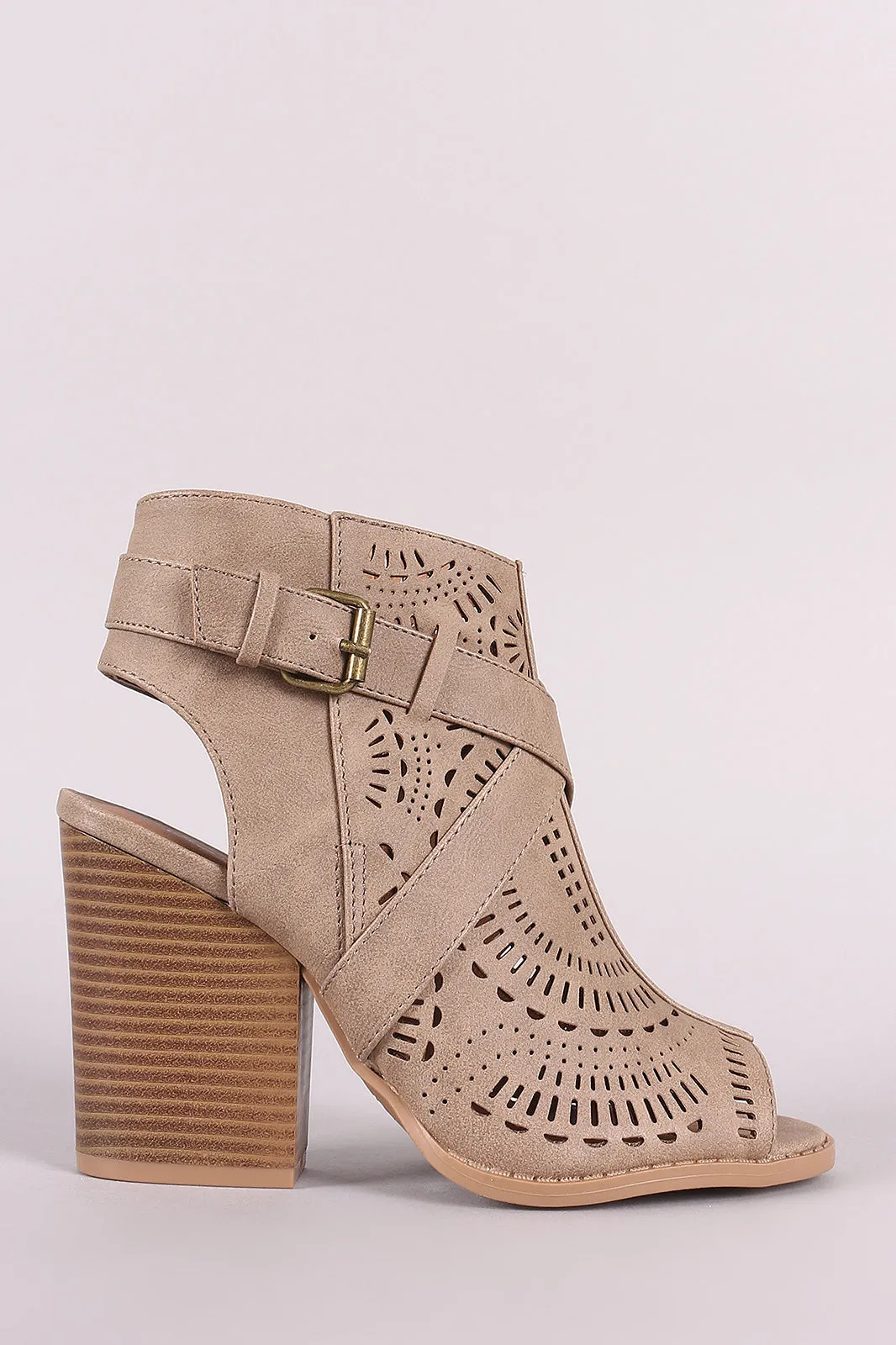 Qupid Perforated Peep Toe Chunky Heeled Ankle Boots