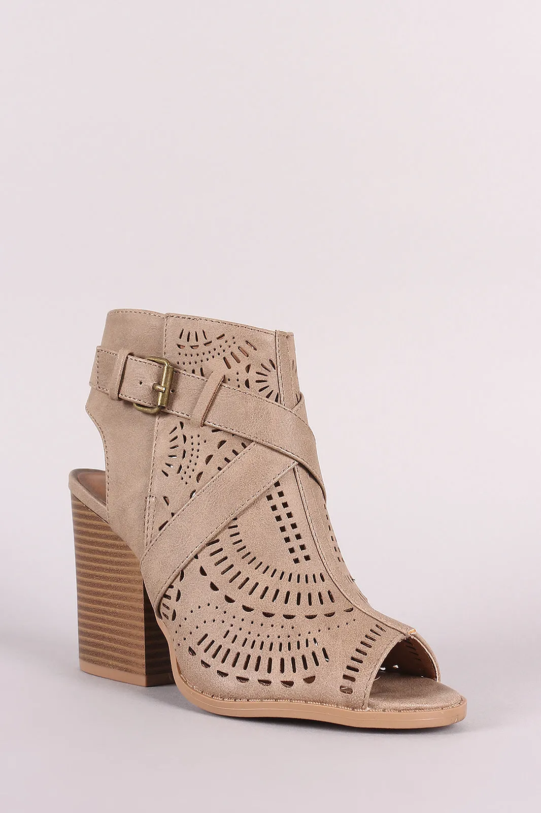 Qupid Perforated Peep Toe Chunky Heeled Ankle Boots