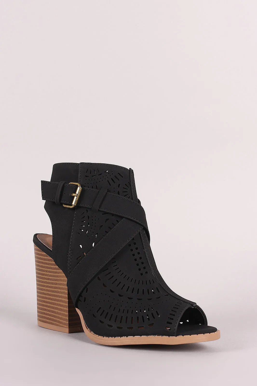 Qupid Perforated Peep Toe Chunky Heeled Ankle Boots