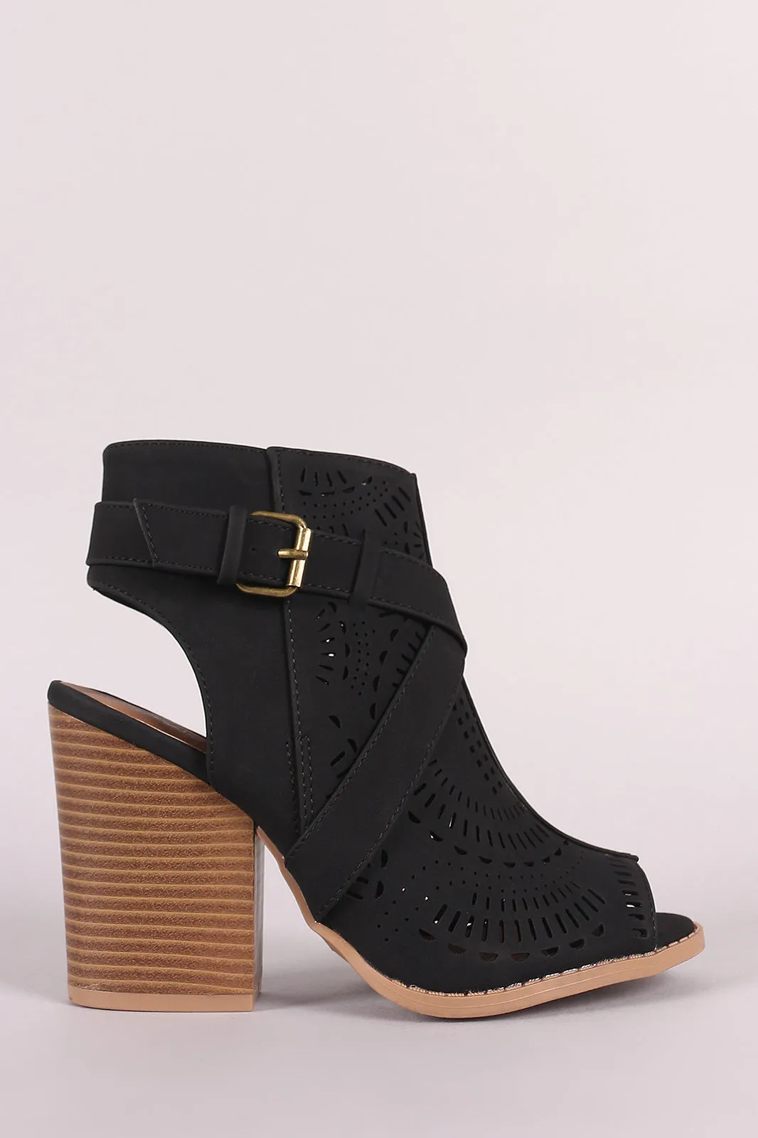 Qupid Perforated Peep Toe Chunky Heeled Ankle Boots