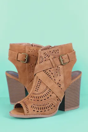 Qupid Perforated Peep Toe Chunky Heeled Ankle Boots