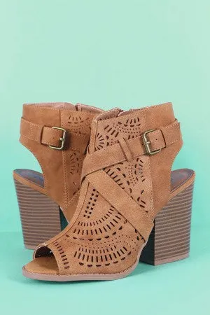 Qupid Perforated Peep Toe Chunky Heeled Ankle Boots
