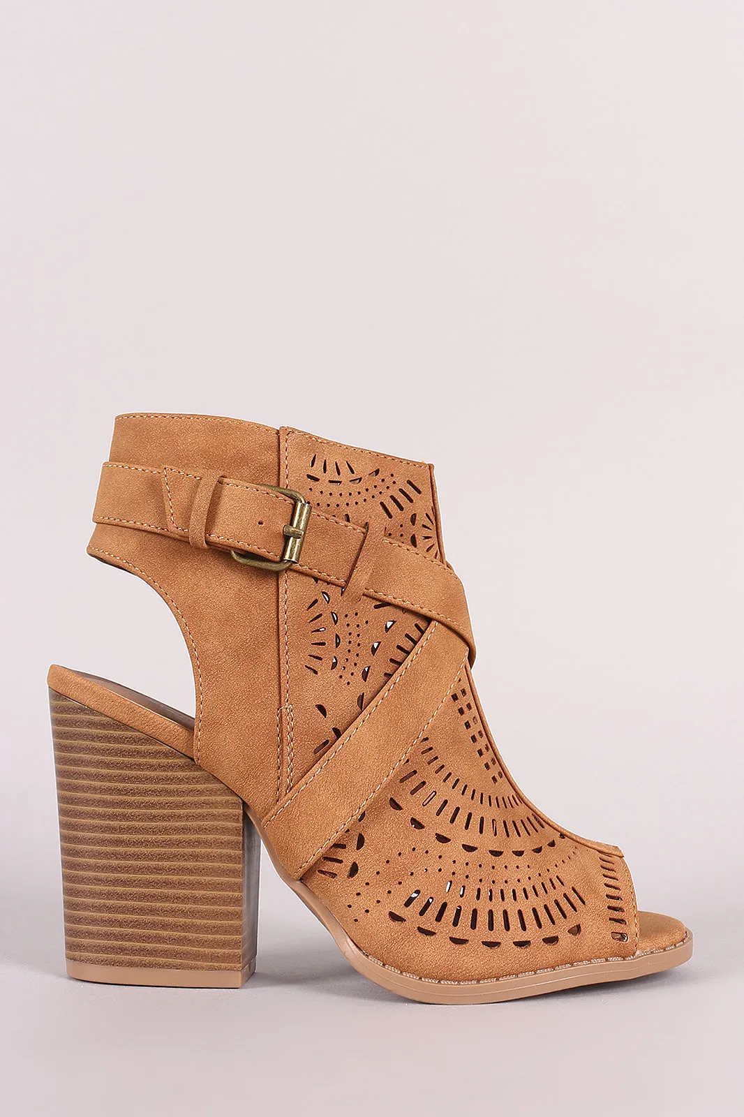 Qupid Perforated Peep Toe Chunky Heeled Ankle Boots