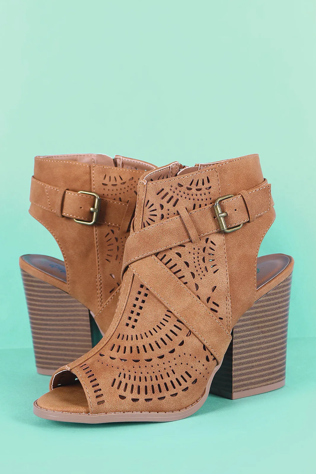 Qupid Perforated Peep Toe Chunky Heeled Ankle Boots