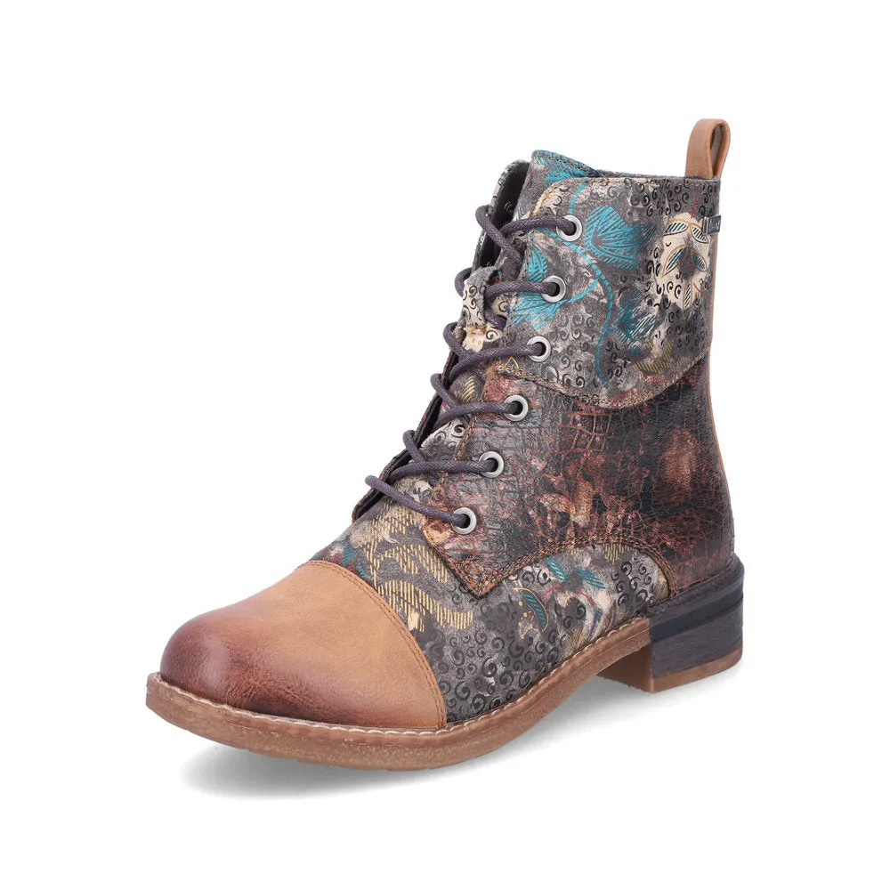Rieker Ladies Boot 94611-90 Floral Print Ankle boot with lace and Zip  BROWN PRINT 94611-90