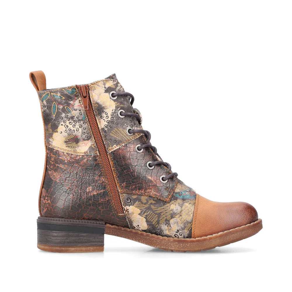 Rieker Ladies Boot 94611-90 Floral Print Ankle boot with lace and Zip  BROWN PRINT 94611-90