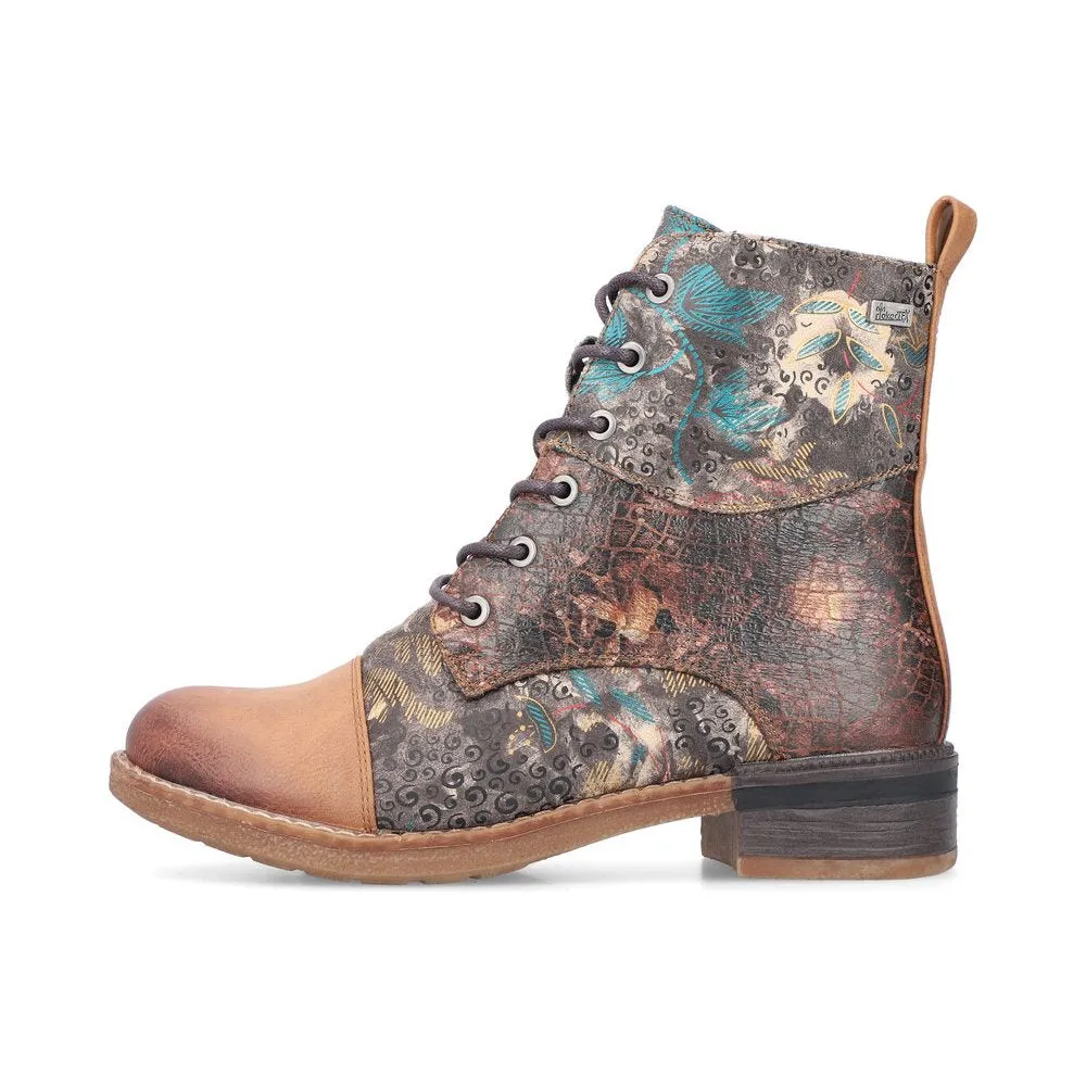 Rieker Ladies Boot 94611-90 Floral Print Ankle boot with lace and Zip  BROWN PRINT 94611-90