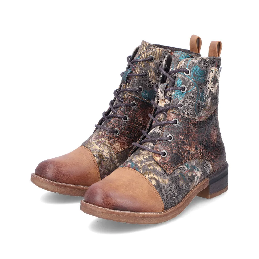 Rieker Ladies Boot 94611-90 Floral Print Ankle boot with lace and Zip  BROWN PRINT 94611-90