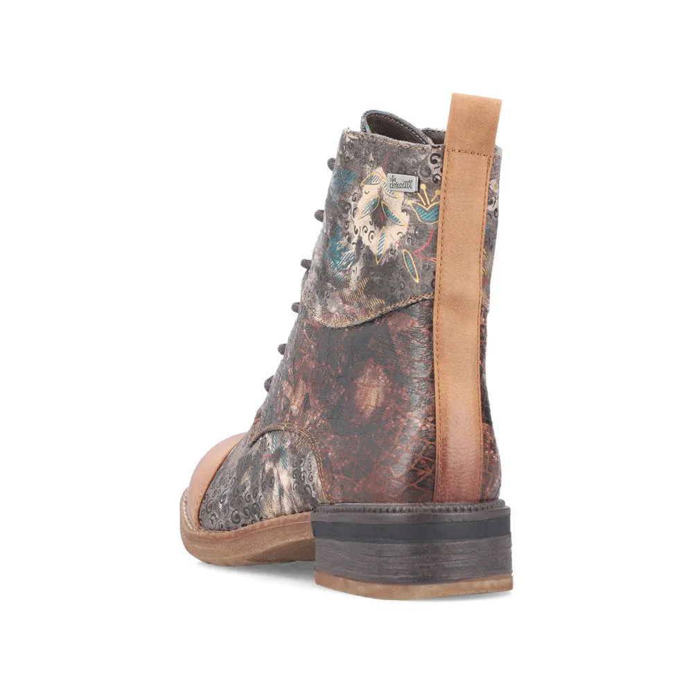 Rieker Ladies Boot 94611-90 Floral Print Ankle boot with lace and Zip  BROWN PRINT 94611-90