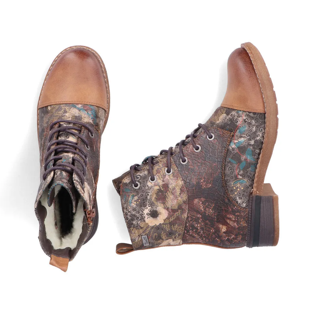 Rieker Ladies Boot 94611-90 Floral Print Ankle boot with lace and Zip  BROWN PRINT 94611-90