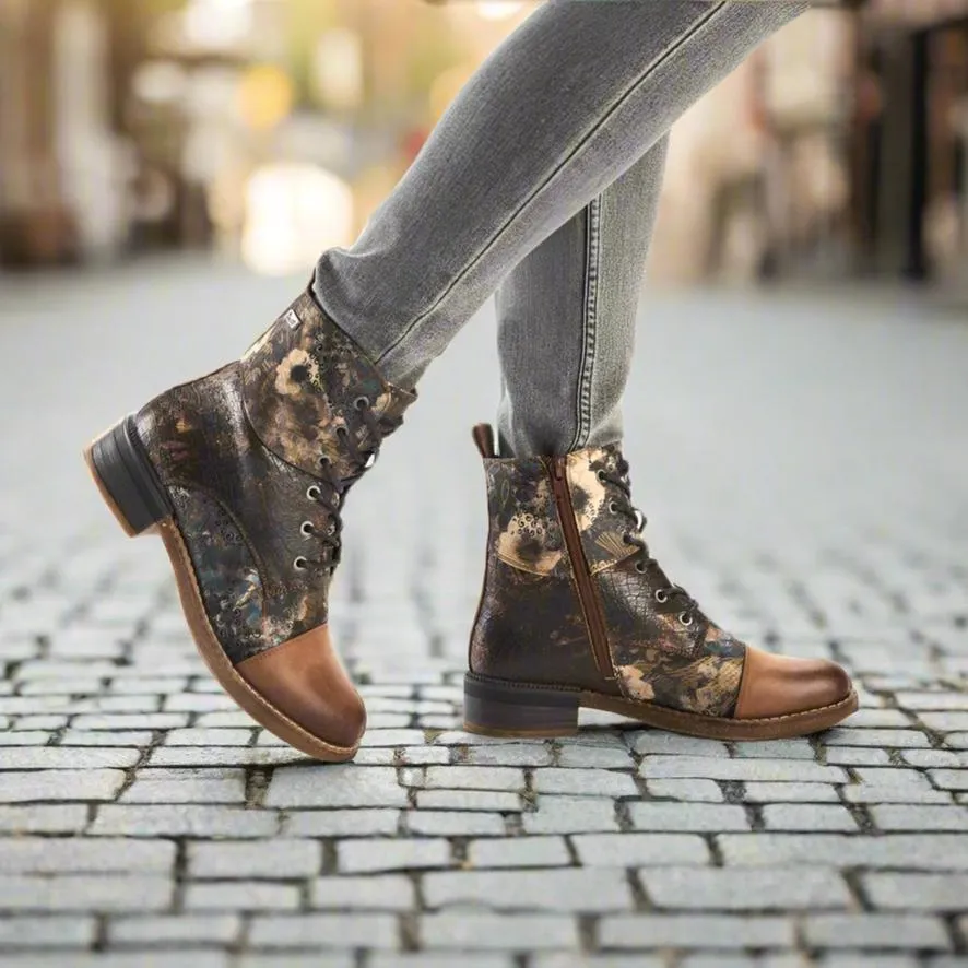 Rieker Ladies Boot 94611-90 Floral Print Ankle boot with lace and Zip  BROWN PRINT 94611-90