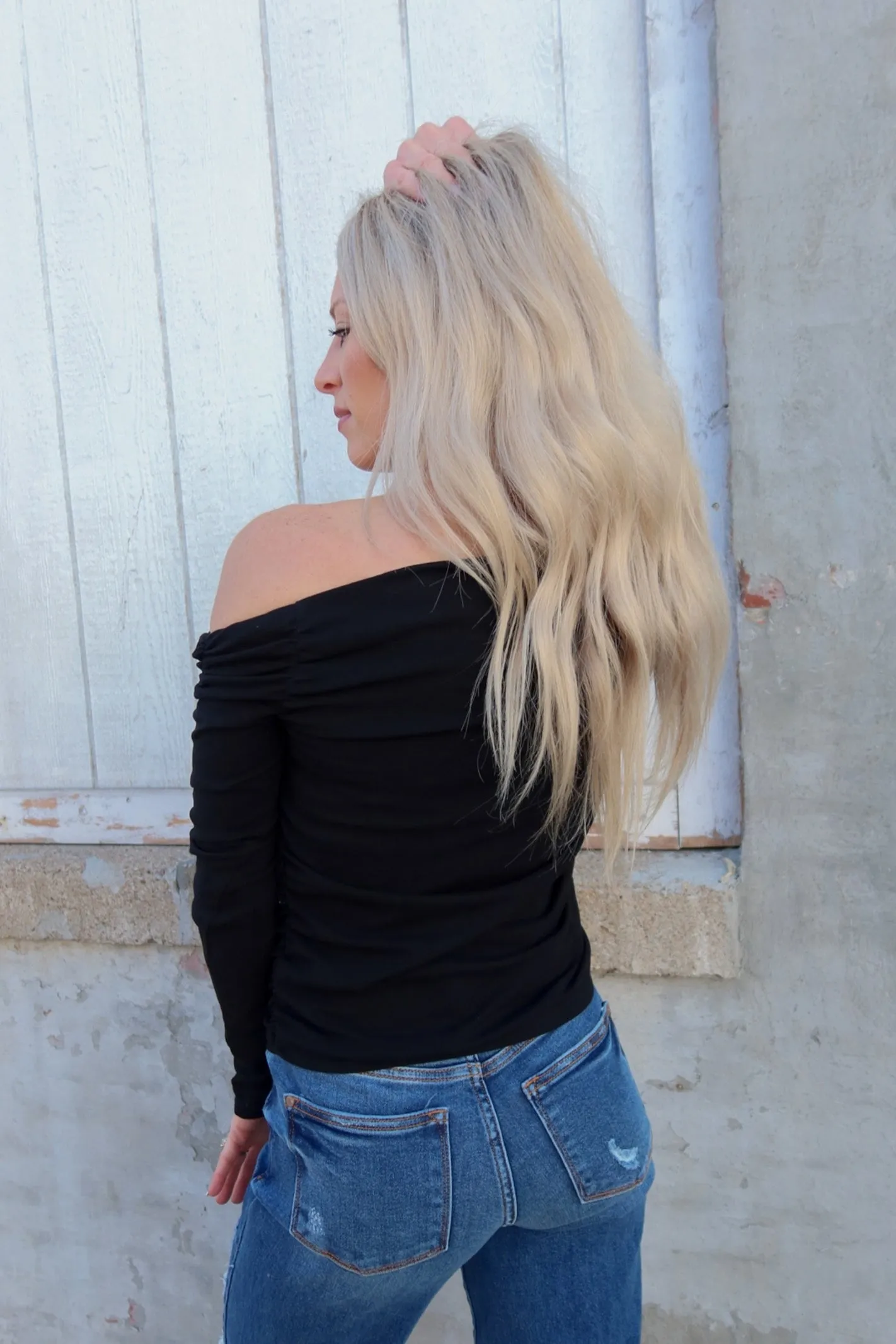 So Chic Black Asymmetrical Neck Long Sleeve Top