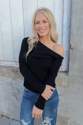 So Chic Black Asymmetrical Neck Long Sleeve Top