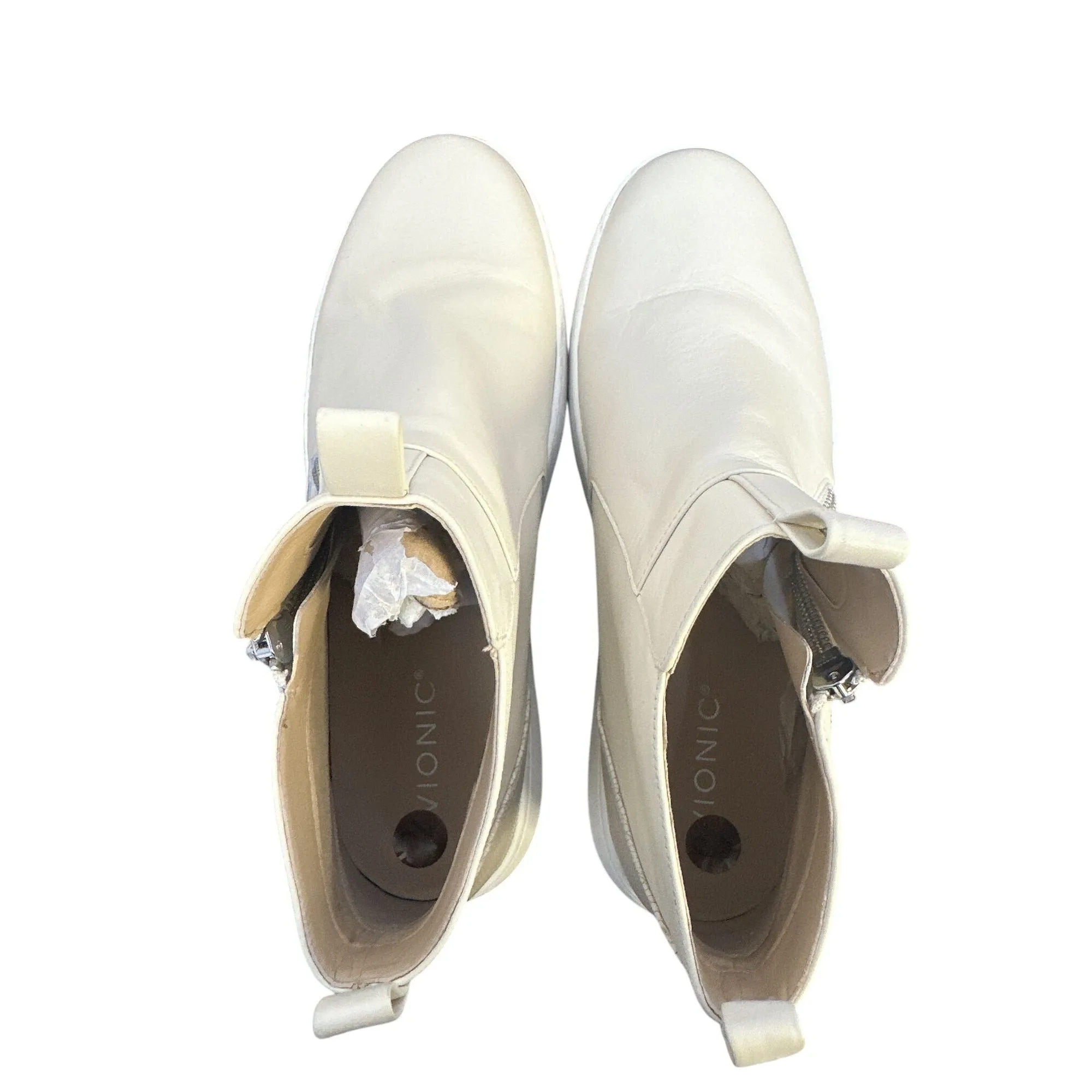 Vionic Cream Leather Ankle Booties w/Side Zippers & Textured Heel Panel Size 10