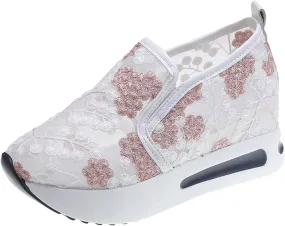 Women's Fashion Sneakers Summer Platform Shoes Hidden Wedge High Top Walking Sneakers Embroidery Floral Mesh Slip On Loafers Casual Shoes with Arch Support