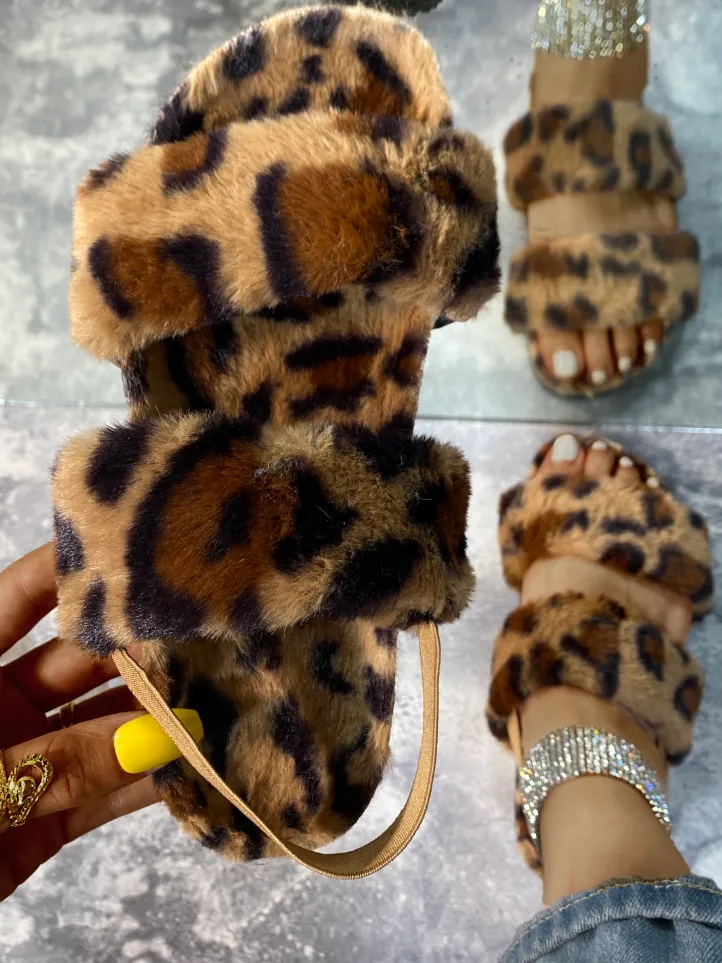 Women's Leopard Fuzzy Slides By Liv and Mia