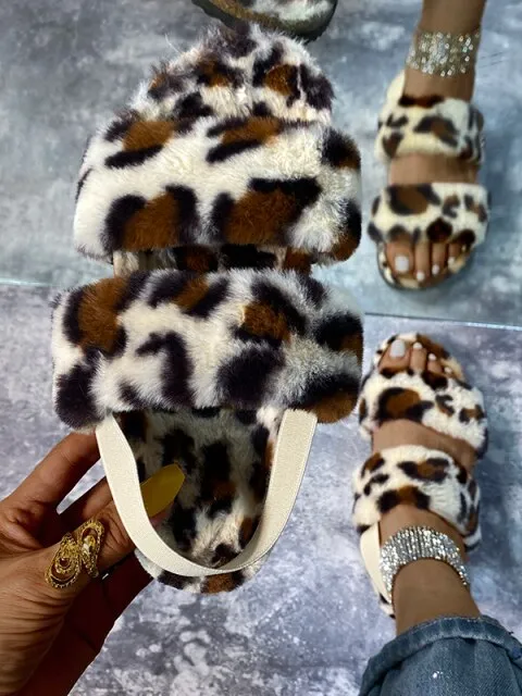 Women's Leopard Fuzzy Slides By Liv and Mia